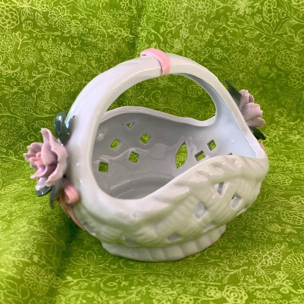 Antique Porcelain White Delicate Flowers Basket